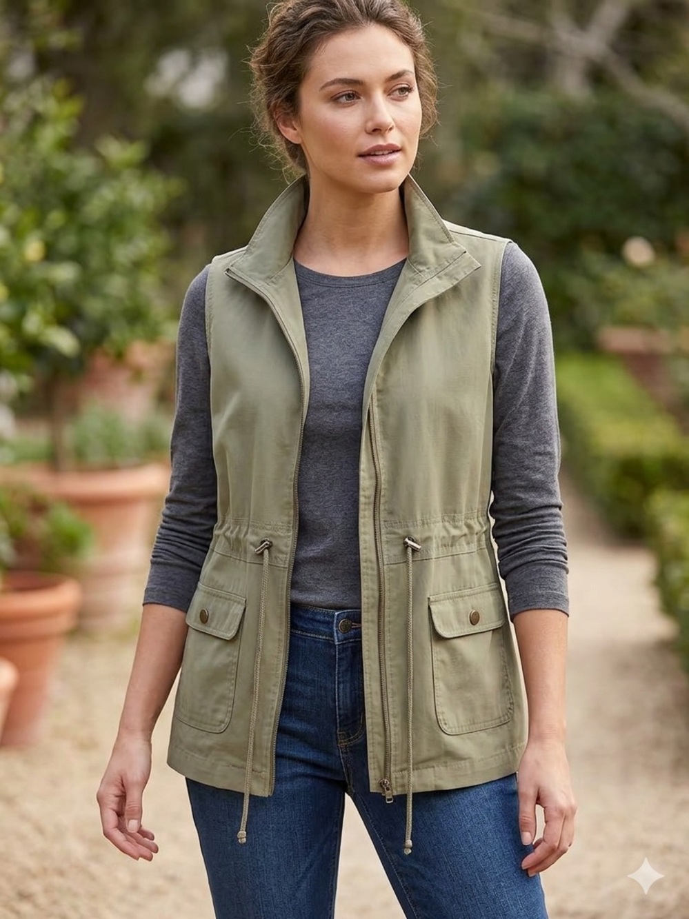 On the Go Riders by Lee Olive Utility Vest w/ Drawstring Waist Women Size Medium
